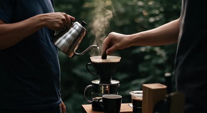 Coffee brewing process with equipment and hands