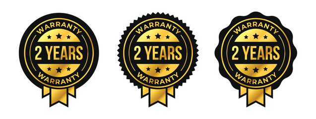 2 years warranty logo set with golden ribbon and stars in circle vector illustration. For icon, sign, symbol, badge, stamp, seal, label, shield, stickers, certificate, seal, lifetime, illustration