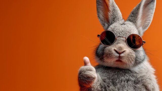 Gray rabbit with broken sunglasses giving a thumbs up. Animal on orange background showing approval gesture.