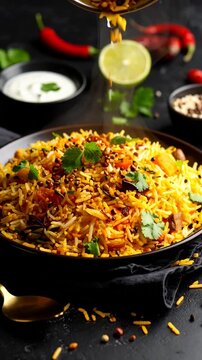 Aromatic biryani rice dish served on black plate with herbs, lime, peppers, and dipping sauce against dark background.