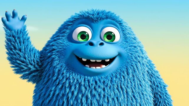 Blue furry cartoon creature waving and smiling, showcasing friendly expression and joyful greeting with positive emotion