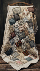 Vintage patchwork quilt draped over a wooden bed with a dark background.