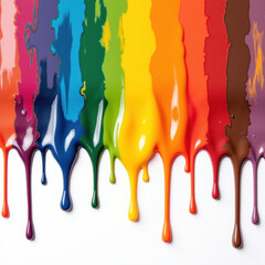 Colorful paint drips create vibrant and artistic display, showcasing spectrum of hues from purple to brown. fluidity and texture evoke creativity