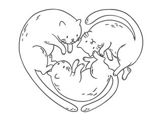 Hand drawn black line illustration of three cute cats forming a heart shape. Minimal doodle style outline art, perfect for love themes, Valentine designs, stickers, prints and modern branding.