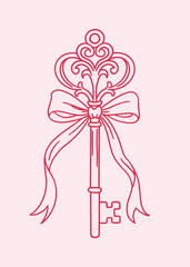 Elegant hand drawn line illustration of an ornate vintage key with decorative bow ribbon. Romantic classic outline design for Valentine, wedding, love themes, invitations, cards and branding.