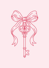 Elegant hand drawn line illustration of a vintage key with decorative heart bow ribbon. Romantic minimal outline design, perfect for Valentine, wedding, love themes, invitations and branding.