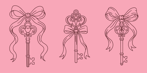 Elegant set of vintage keys decorated with bows. Delicate line art illustrations in romantic style, perfect for wedding designs, invitations, prints, stickers and feminine branding.