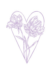 Hand drawn tulip illustration forming a heart outline. Elegant floral line art for romantic designs, wedding invitations, Valentine cards, prints, tattoos and feminine branding.