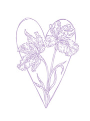 Hand drawn tulip illustration forming a heart outline. Elegant floral line art for romantic designs, wedding invitations, Valentine cards, prints, tattoos and feminine branding.