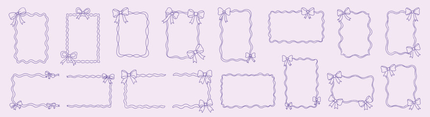 Set of elegant hand drawn frames with bows and ribbons. Minimal line art borders for invitations, wedding stationery, cards, planners, prints and feminine design projects.