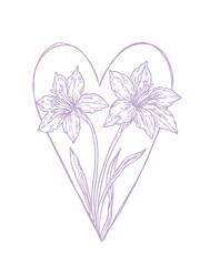 Hand drawn floral illustration with two flowers forming a heart outline. Elegant line art design for romantic cards, wedding stationery, prints, tattoos and feminine branding.