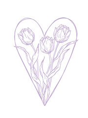 Hand drawn tulip illustration forming a heart outline. Elegant floral line art for romantic designs, wedding invitations, Valentine cards, prints, tattoos and feminine branding.