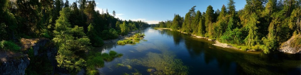 Obraz premium Tranquil river landscape forested area hdr panoramic view