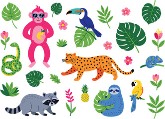 Fototapeta premium Cute jungle animals vector set with snake, monkey, leopard, birds, and tropical leaves, colorful flat illustration perfect for kids education and nursery designs