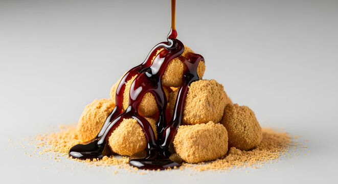 Pouring kuromitsu syrup over kinako warabi mochi dessert