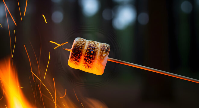 Toasted marshmallow on a stick over campfire at night
