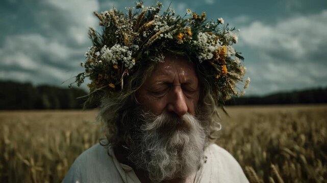 Wise old man with flower crown in wheat field. Farmer or druid portrait for ancient culture, nature and mystical tradition concept.