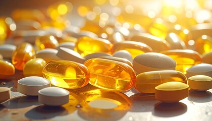 Scattered pills and capsules in warm sunlight on wood