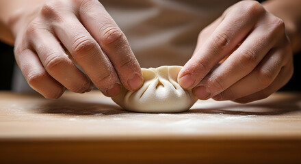 Close up of hands folding traditional chinese dumpling