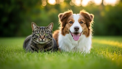 Dog and cat lying together on a green grass background in a serene outdoor setting