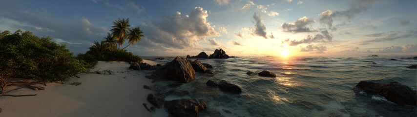 Naklejka premium Tranquil sunset over serene beach coastal landscape hdr panorama
