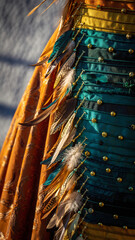 Colorful fabric with feathers and decorative pins, possibly part of traditional attire.
