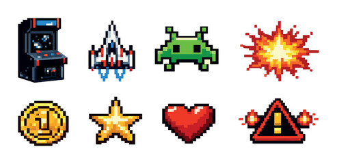 Retro pixel art icons: arcade machine, spaceship, alien, explosion, coin, star, heart, warning