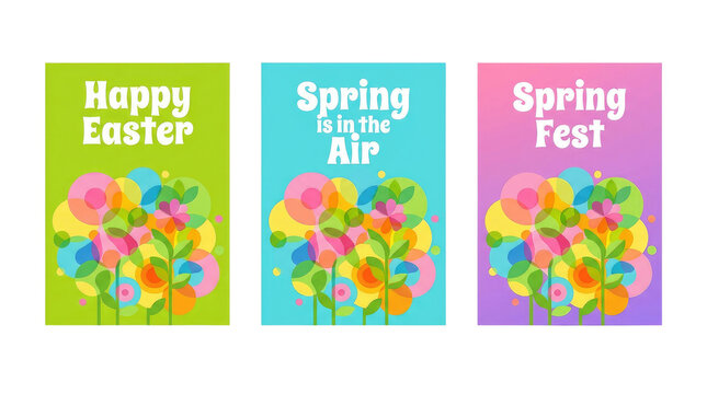 Happy holi indian festival three colorful posters with text and a central design element in green blue high-key lighting with cutout object