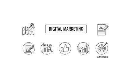 A wide vector banner showing a professional digital marketing infographic flow chart in black thin line art, with six linked icons (strategy, content, seo, analytics, conversion) on a transparent