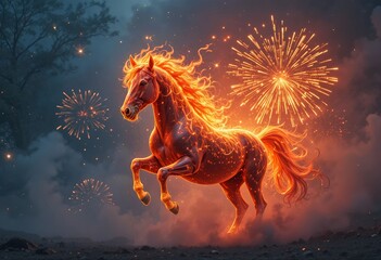 Epic celebratory Fire Horse — fireworks exploding behind a blazing red horse, strong center composition, classic New Year poster energy.