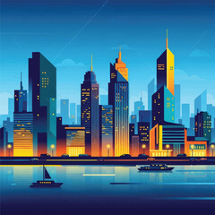 Modern Cityscape at Dusk with Illuminated Skyscrapers and Water.