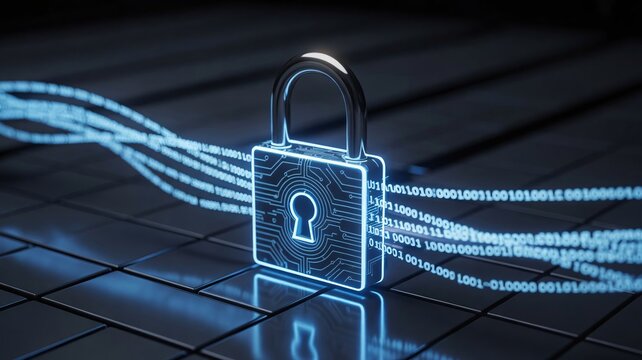 Glowing Digital Padlock with Binary Code for Cybersecurity - Powered by Adobe