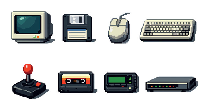 Retro technology icons: pixel art of vintage computers and gadgets