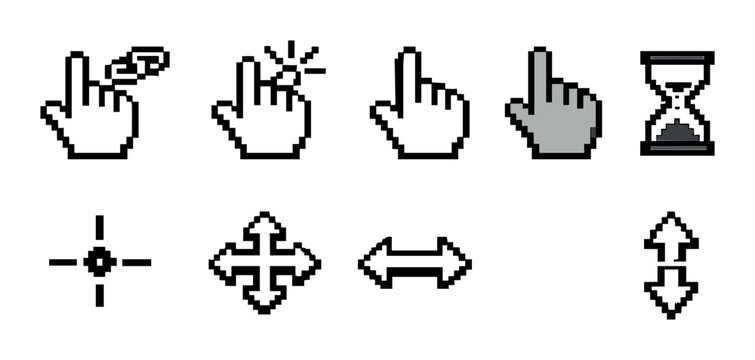 Retro pixel mouse cursor icons set on grey background: hand and arrow designs