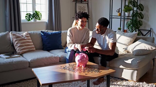A happy couple sitting together in a living room, smiling while placing coins into a piggy bank, scattered coins on the table, cozy modern home interior in the background