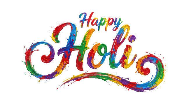 Happy holi indian festival colorful text art with vibrant rainbow hues and swirling calligraphy design on a clean white background cutout