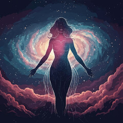 Silhouette of a Woman Merged with Cosmic Galaxy and Nebula.