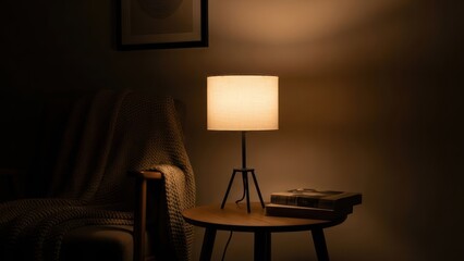 Warm glowing lamp illuminating a cozy dark room with books on a table.