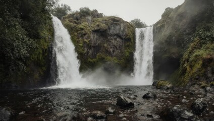 Obraz premium Majestic Twin Waterfalls Cascading Down Mossy Cliffs in a Secluded Canyon.