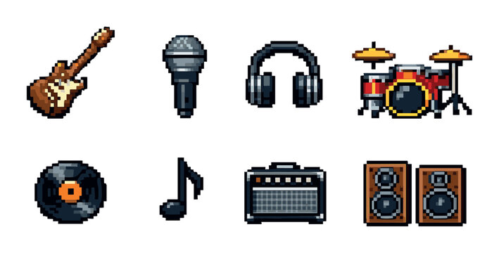 Pixel art musical instruments: guitar, microphone, drums, vinyl, note, amplifier, speaker