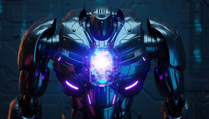Futuristic energy-powered combat armor suit with pulsating blue core reactor and luminous digital circuits