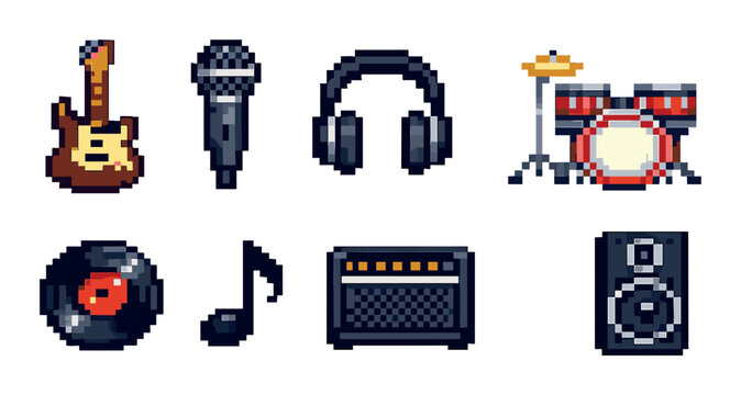 Pixel art icons of musical instruments and equipment on gray background