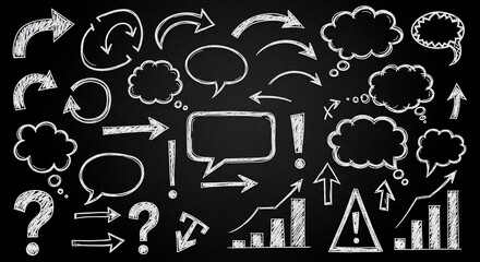 Chalkboard with hand drawn arrows speech bubbles question marks and graph elements in white chalk style