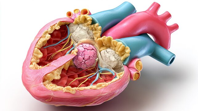 Flat realistic illustration of pericardial tumor showing heart sac layers tumor growth minimal clean shapes cardiology educational style