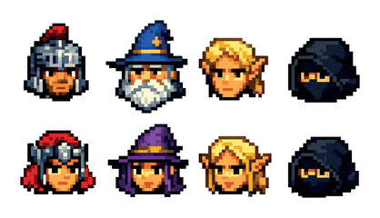 Pixel art fantasy characters: warriors, wizards, elves, and ninjas in 8-bit style