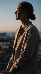 Woman standing outdoors during sunset, gazing into the distance with a contemplative expression.