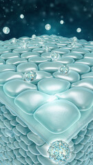 microscopic view of cells with floating particles in a biological environment.