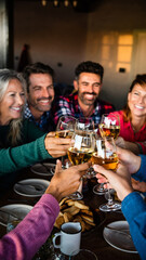 Group of friends celebrating with wine at a cozy indoor gathering.