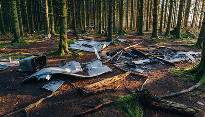 Aircraft wreckage scattered on forest floor with sunlight filtering through trees.