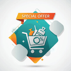 Shopping cart with special offer discount symbol.